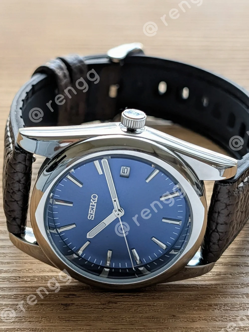 36.5mm Seiko Men's Blue Dial Brown Strap Mod Watch